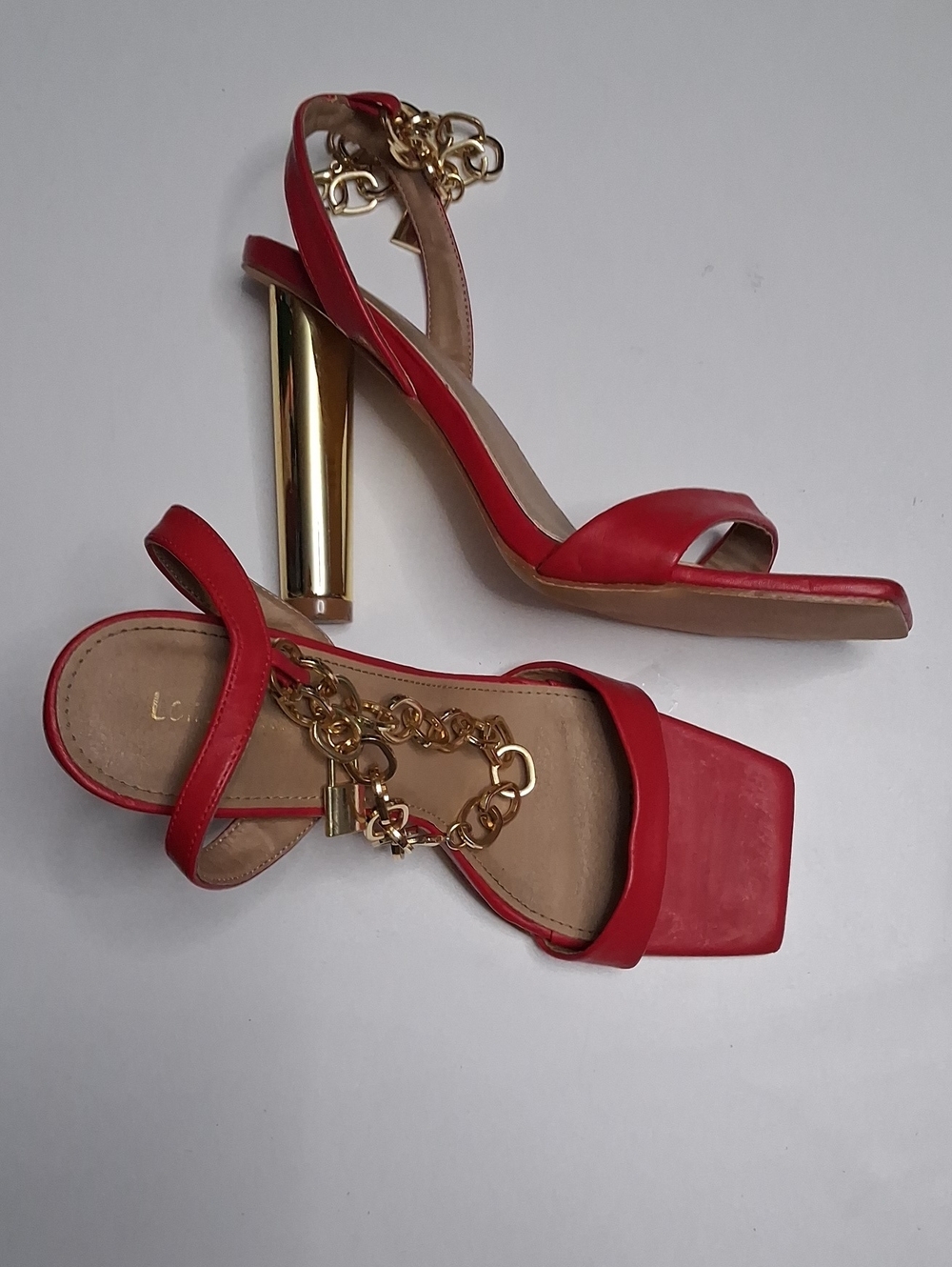 Red Chain-Embellished Gold Heel Sandals - Women